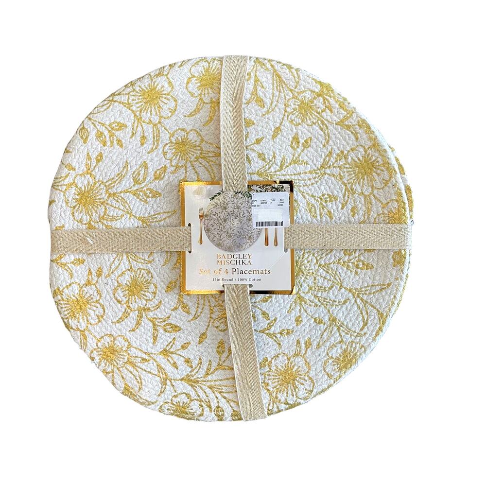 BADGLEY MISCHKA Gold Spring Floral Set of (4) Round Cotton 15" Placemats NEW